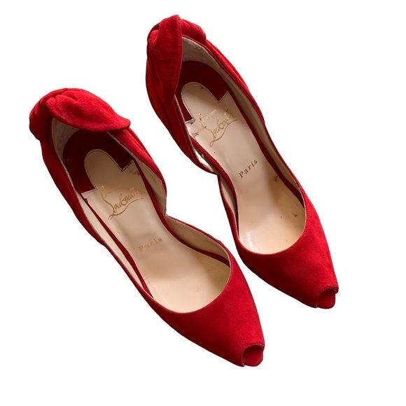 Christian Louboutin Barbara 100 Oeillet Red Suede Peep Toe Bow Heel Pumps - Picture 4 of 13